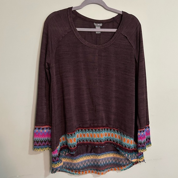 Women’s L Burgundy Long Sleeve Lightweight Sweater Colorful Embroidered Hem/Cuff - Picture 1 of 8